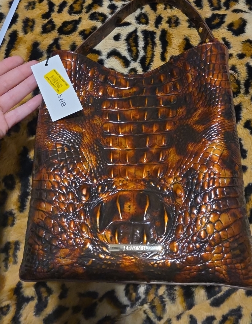 Brahmin Amber Brown Croc-Embossed Leather Shoulder Bag